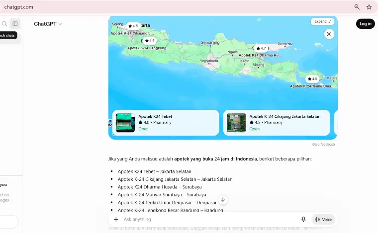 ChatGPT public web observation on 19 July 2026 showing Apotek K-24 repeatedly displayed in Indonesian map results and recommendations for 24-hour pharmacies.